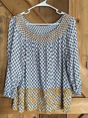 Fever Blue Embroidered Boho Blouse Size Large, Coastal, Nautical, Lightweight